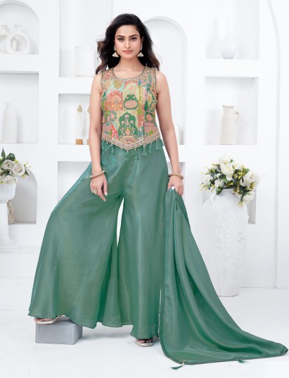 Pastel green tissue silk festive palazzo set