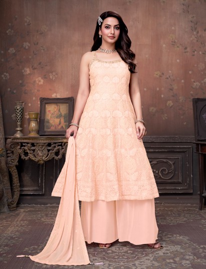 Light peach georgette anarkali palazzo festive set