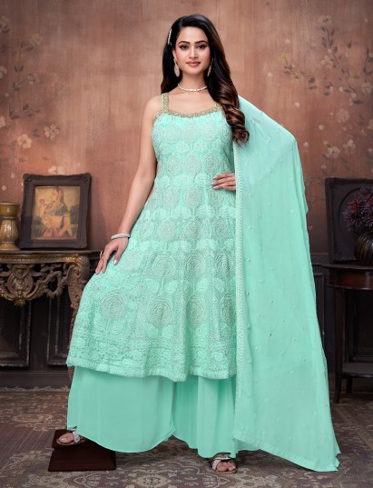 Mint green georgette festive anarkali palazzo ensemble