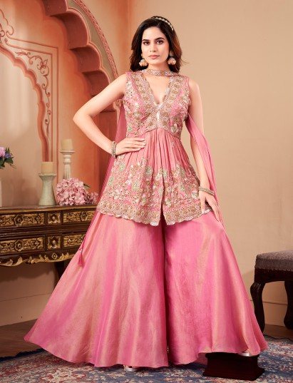 Pastel pink tissue silk designer festive palazzo set