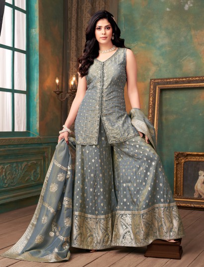 Pastel grey silk elegant palazzo set with butti work