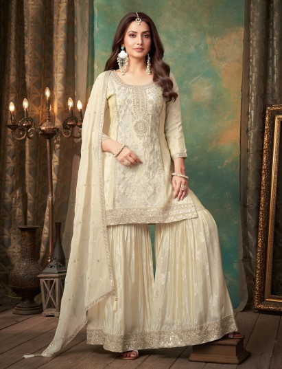 Cream tissue silk sharara set with zari detailing