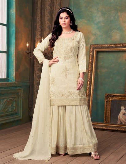 Cream tissue silk pakistani sharara festive ensemble