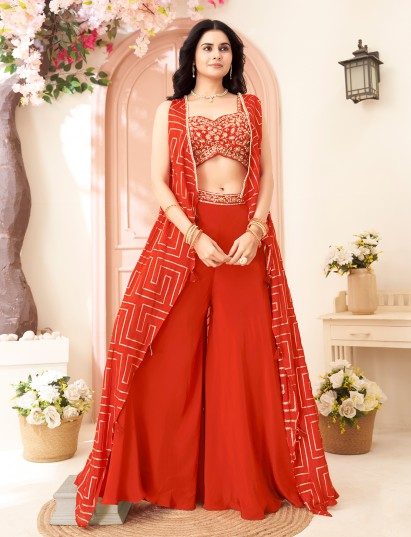 Rust orange silk festive palazzo set with jacket
