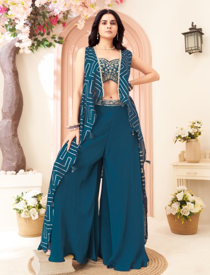 Peacock blue silk designer palazzo set with jacket