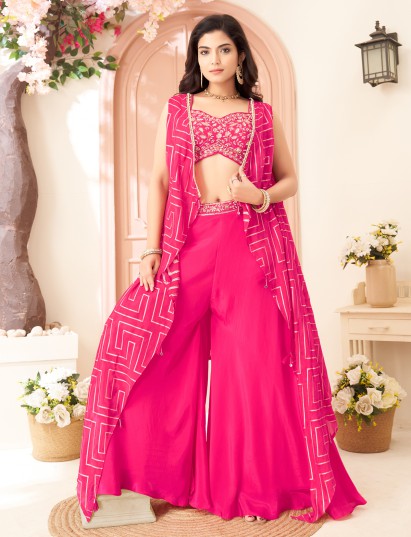 Magenta silk festive palazzo set with long jacket