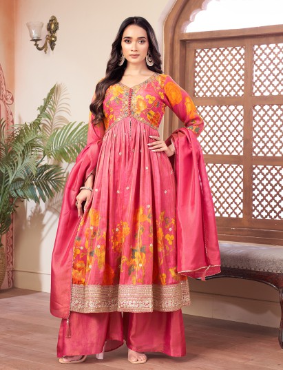 Pastel pink tissue silk anarkali festive palazzo set