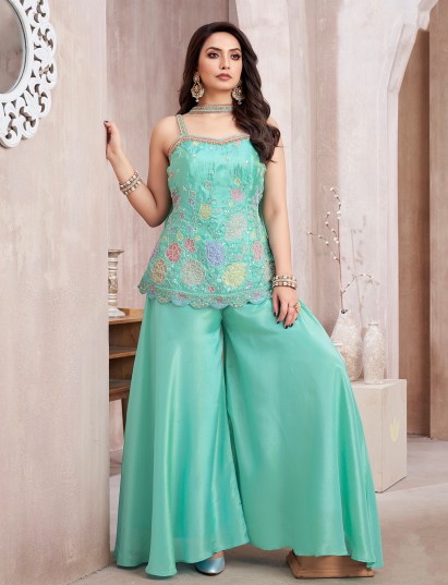 Mint blue tissue silk festive palazzo ensemble
