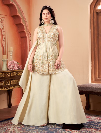 Cream tissue silk designer festive palazzo ensemble