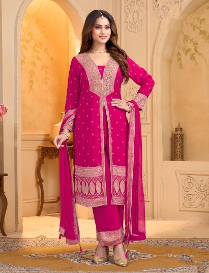 Rani pink bandhej silk pakistani pant style suit