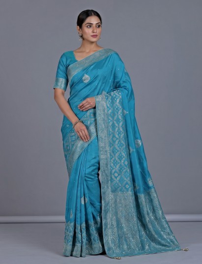 Aqua blue dola silk saree with delicate zari butta