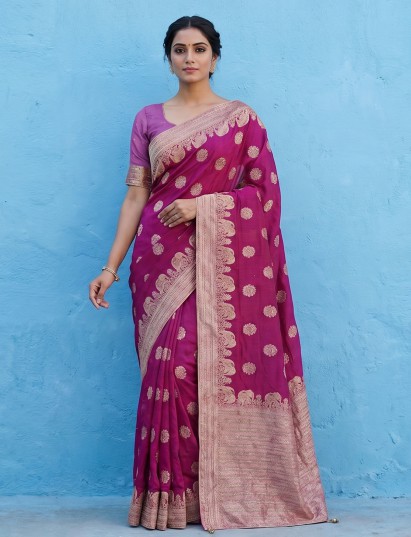 Bright wine dola silk saree with elephant zari patterns