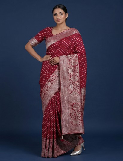 Maroon dola silk saree with royal elephant motif work
