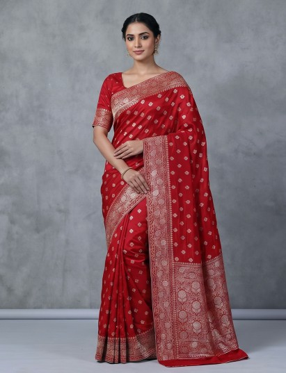 Red dola silk saree with traditional zari butti elegance