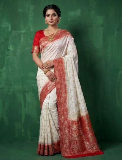 White dola silk saree with rich contrast pallu design