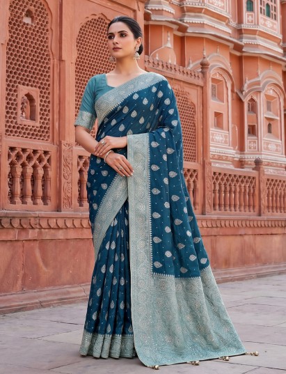Blue dola silk saree with contrast zari pallu grace