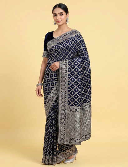 Navy dola silk saree with sequins zari jal elegance