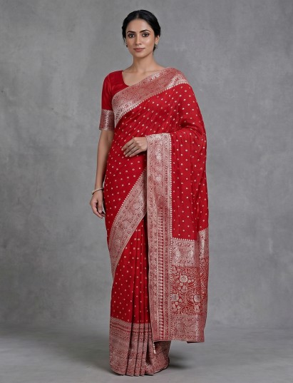 Red dola silk saree with elegant zari butti detailing