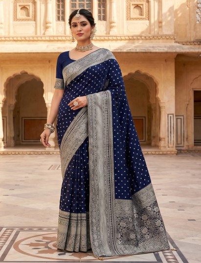 Navy blue dola silk saree with stone zari butti design