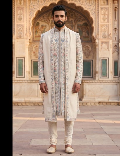 Off white raw silk sherwani with rich embellished detailing