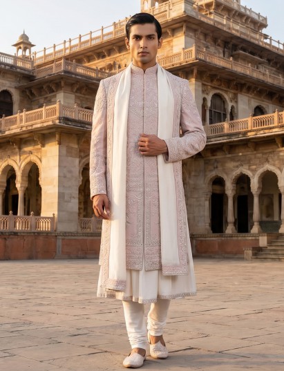 Soft blush raw silk peshwai sherwani with royal motifs