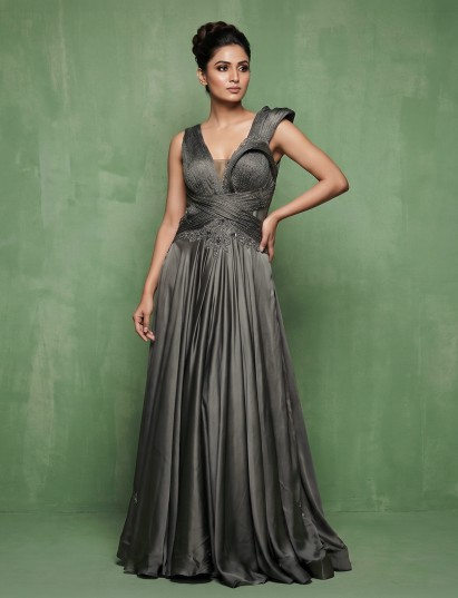 Charcoal grey satin silk embellished designer evening gown