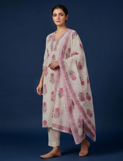 Cream pink cotton floral kurti pant dupatta set