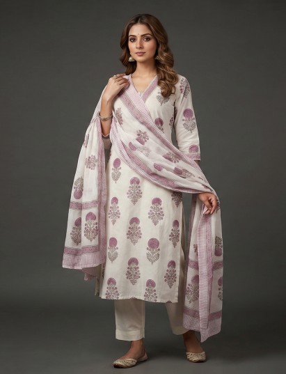 Cream purple cotton printed kurti pant dupatta set