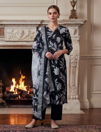 Black cotton floral kurti pant dupatta set