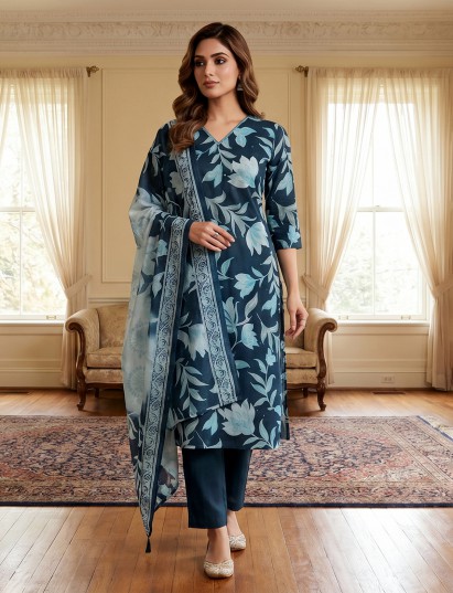 Blue cotton floral kurti pant dupatta set