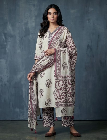 Cream wine cotton printed kurti pant dupatta set