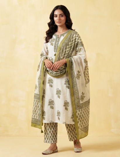 Cream green cotton floral kurti pant dupatta set