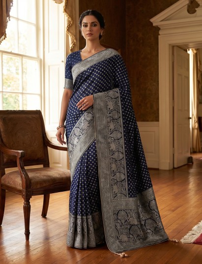 Navy dola silk saree with elephant motifs and zari tassels