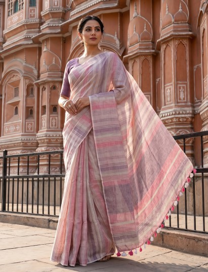 Pink striped saree in pure linen