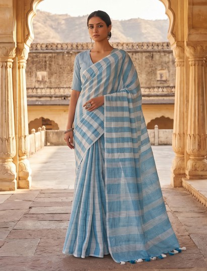 Sky blue checked linen saree with tassel pallu detail