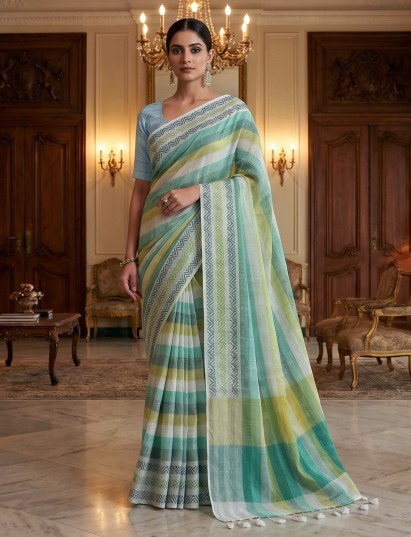 White and green printed linen saree with tassel pallu
