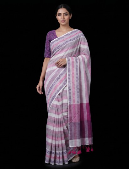 White and pink printed linen saree with tassel pallu