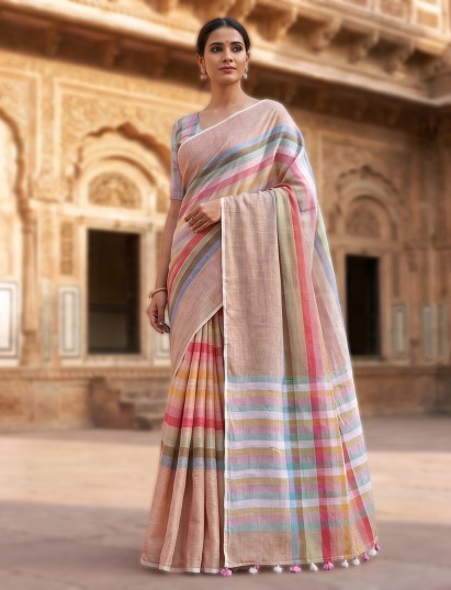 Peach striped linen saree with tassel pallu charm