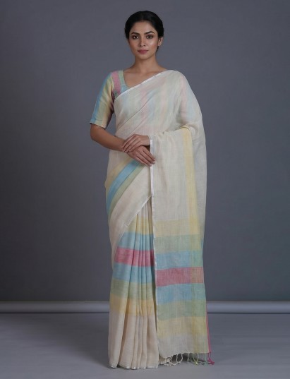 Beige striped linen saree with tassel pallu elegance