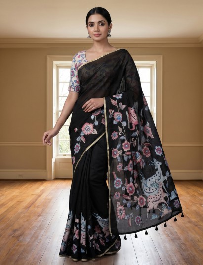 Black semi cotton saree with deer motif checks patch design