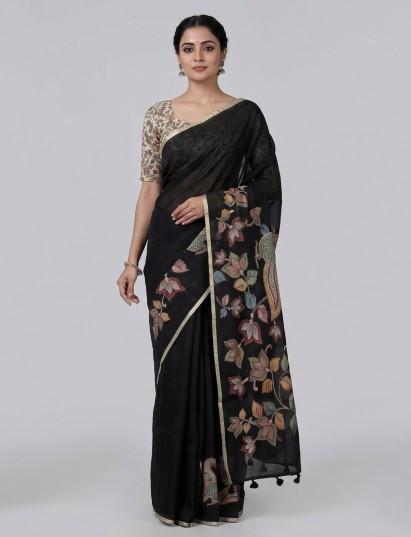 Black semi cotton saree with bird motif checks patch work