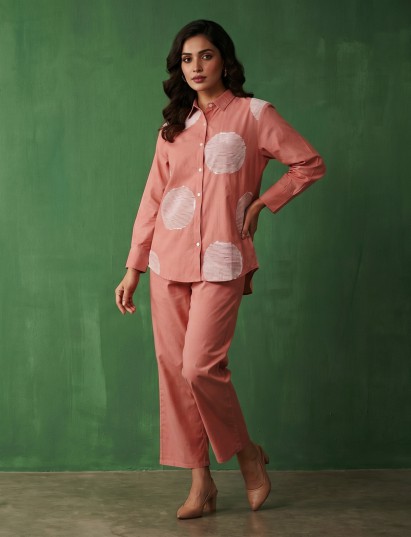 Peach cotton co ord set with elegant white thread work