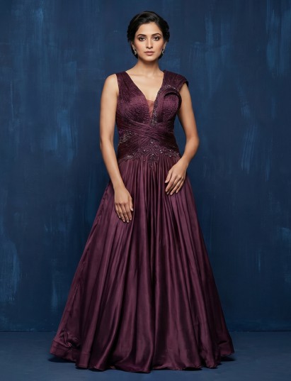 Wine satin silk floor length gown with diamond and cutdana work