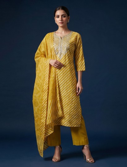 Mustard yellow cotton silk kurti set with designer yoke