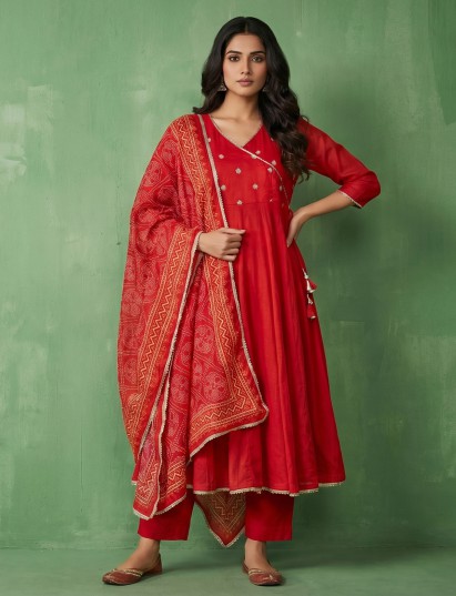 Red cotton silk festive kurti set with printed dupatta