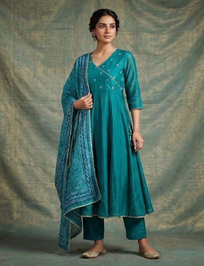 Rama green cotton silk sequins kurti set with dupatta