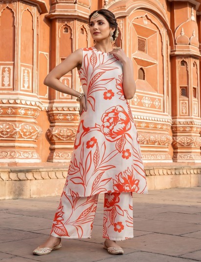 Off white orange silk floral kurti palazzo festive wear