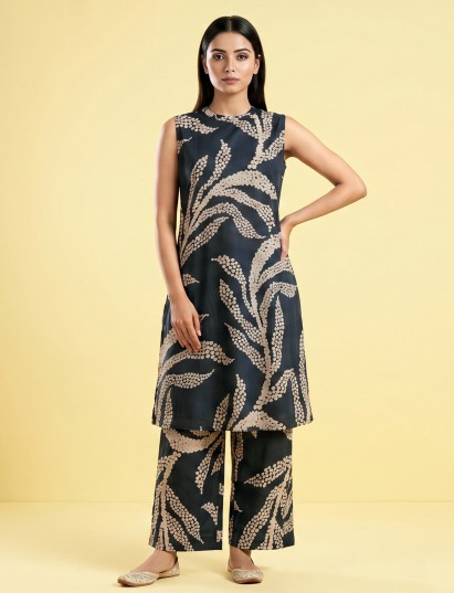 Navy blue silk printed kurti palazzo set with elegance