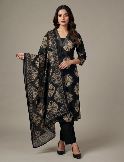 Elegant black cotton silk printed kurti set with dupatta