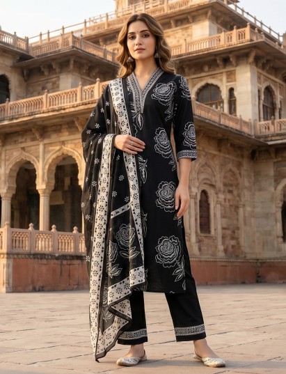 Black cotton floral kurti set with elegant dupatta style